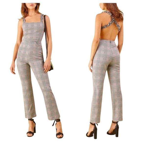 Reformation Oakland Houndstooth Jumpsuit | Ruffle Strap Tweed – Size 4 - Picture 1 of 15